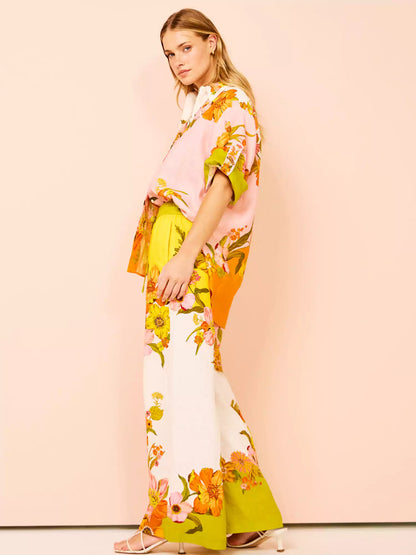 Conjunto de pantalones anchos con bolsillos y cintura elástica con estampado único
