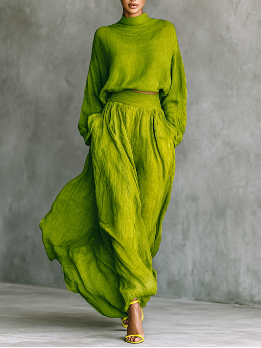 Conjunto de top de cuello alto verde para mujer y falda larga