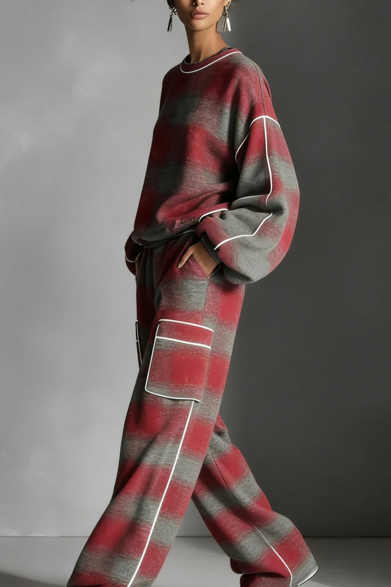 Conjunto de chándal a cuadros rojo y gris con contraste