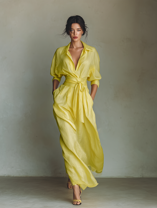 Vestido camisa maxi de mezcla de algodón y lino en amarillo limón