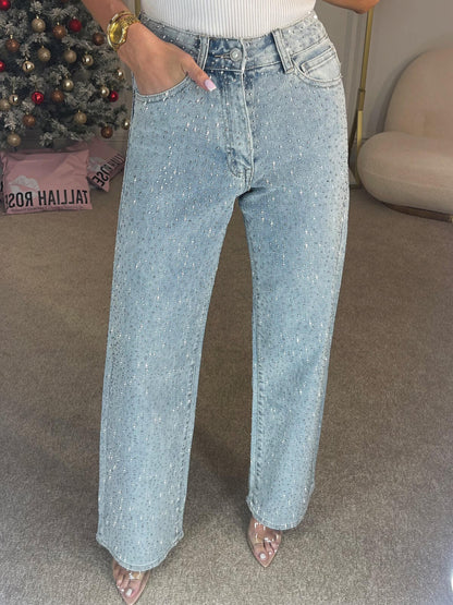 Jeans de pierna recta de talle alto con diamanté