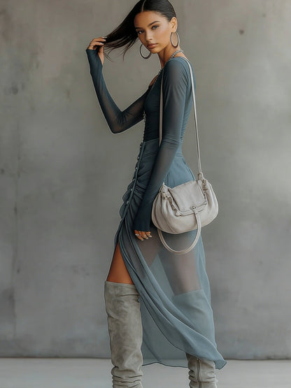 Conjunto asimétrico gris transparente con recortes