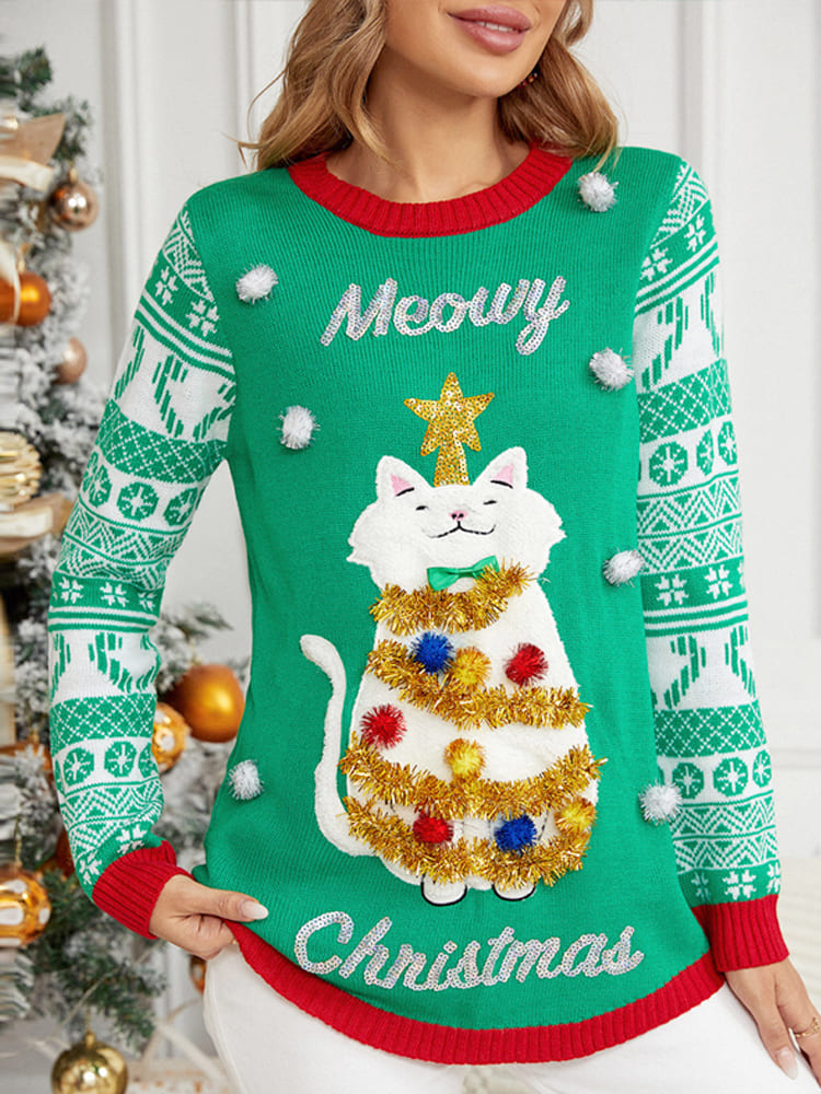 Suéter navideño con cuello redondo y manga larga con aplique de gato