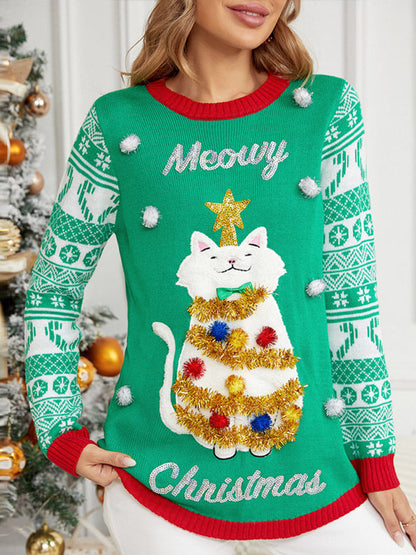 Suéter navideño con cuello redondo y manga larga con aplique de gato