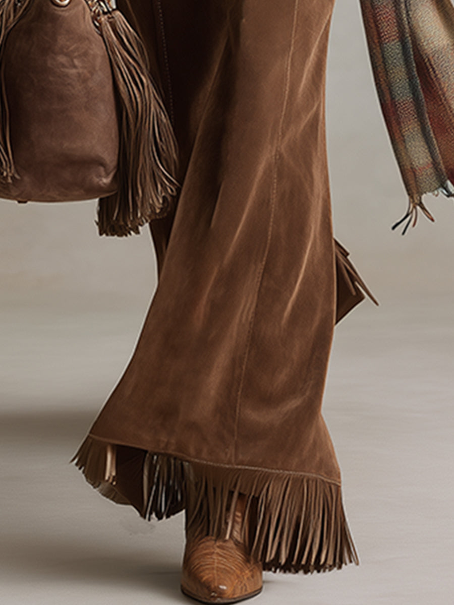 Pantalones acampanados con borlas de ante sintético marrón retro versátiles