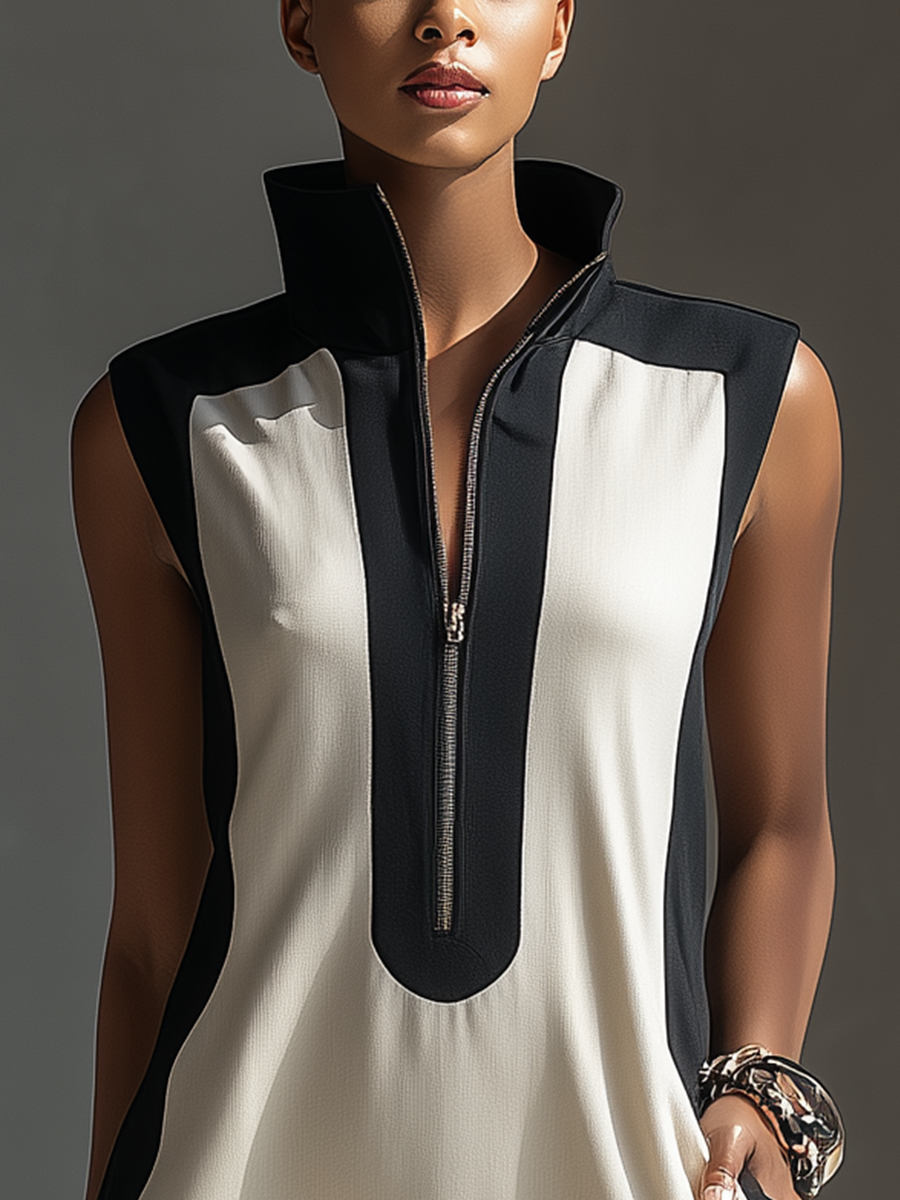 Vestido corto bicolor negro y blanco con cuello alto y media cremallera