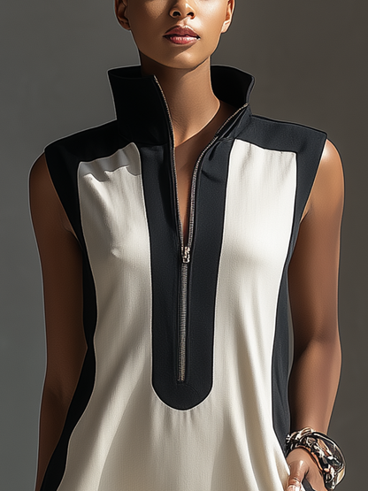 Vestido corto bicolor negro y blanco con cuello alto y media cremallera