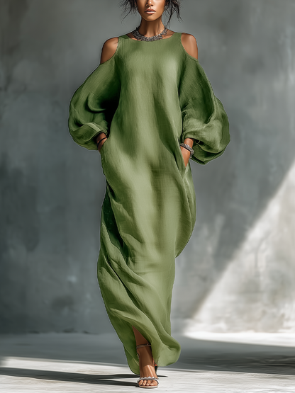 Vestido maxi con hombros descubiertos, mangas abullonadas extragrandes y bolsillos laterales