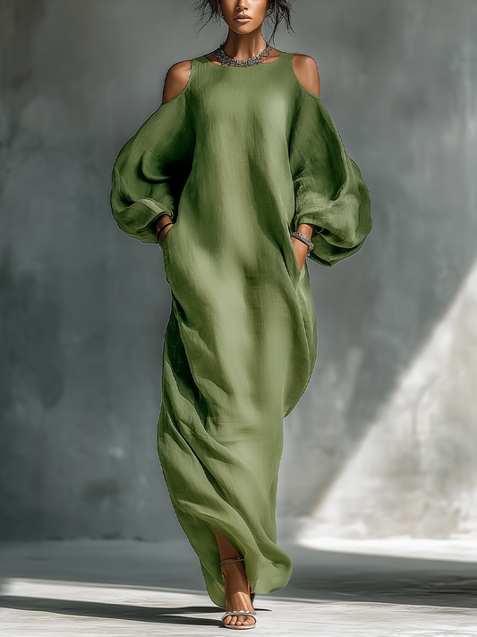 Vestido maxi con hombros descubiertos, mangas abullonadas extragrandes y bolsillos laterales