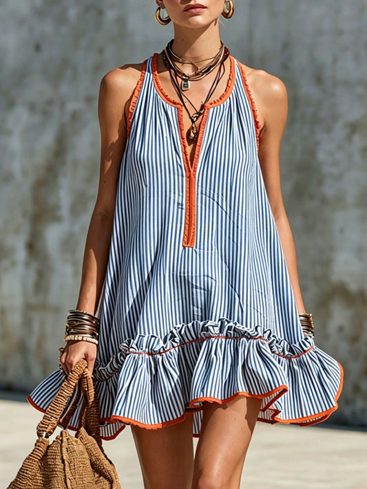 Vestido mini retro a rayas con volantes