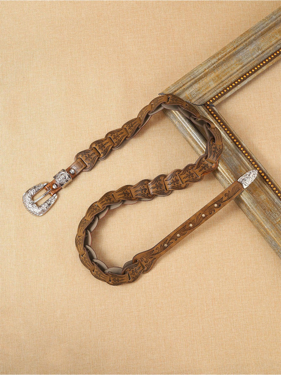 Cinturón de cintura floral estampado de cuero sintético estilo occidental elegante para mujer