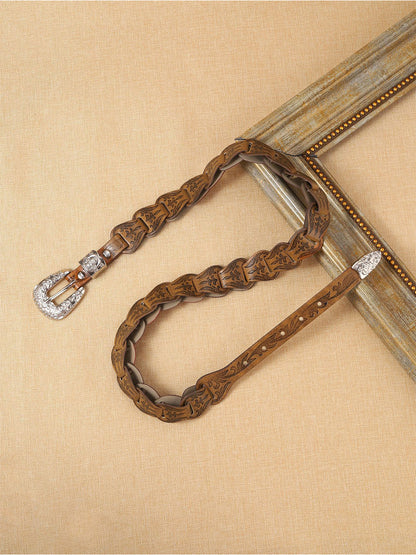 Cinturón de cintura floral estampado de cuero sintético estilo occidental elegante para mujer