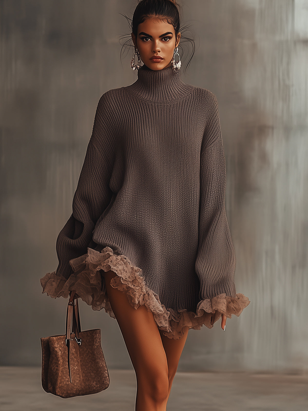 Vestido suéter marrón con cuello alto y dobladillo con volantes