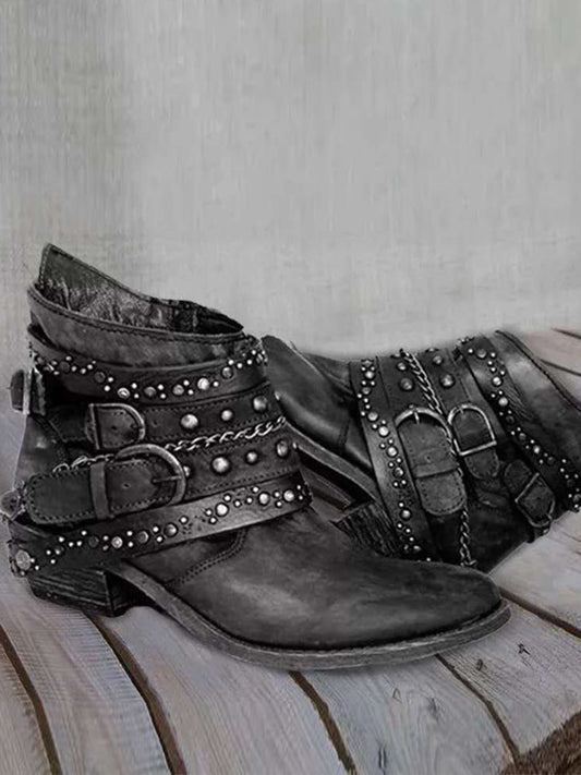 Botas de tobillo vintage lavadas con hebillas tachonadas