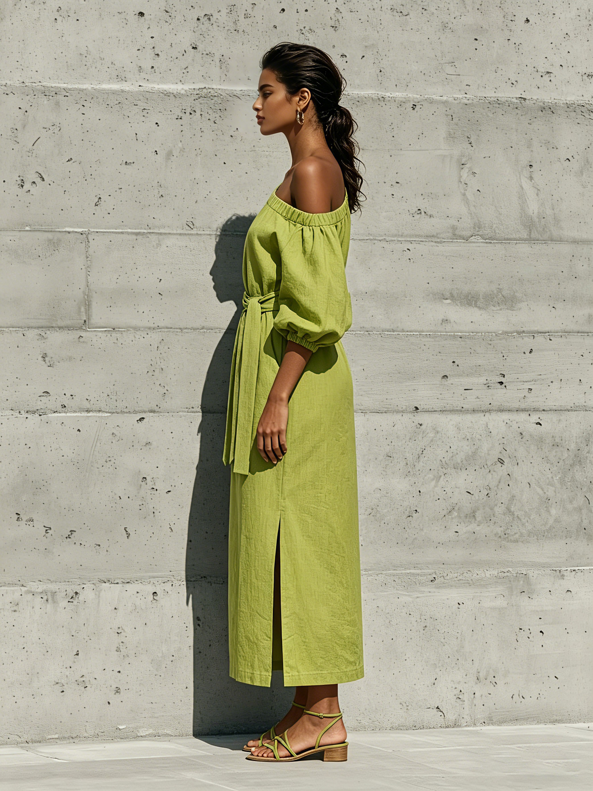 Vestido midi de lino con hombros descubiertos