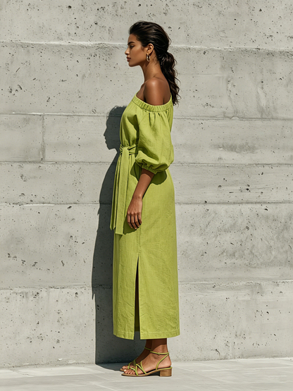 Vestido midi de lino con hombros descubiertos