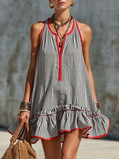 Vestido mini retro a rayas con volantes