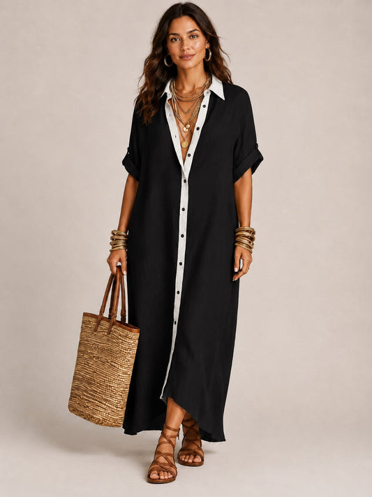 Vestido largo camisero de manga corta con mezcla de lino