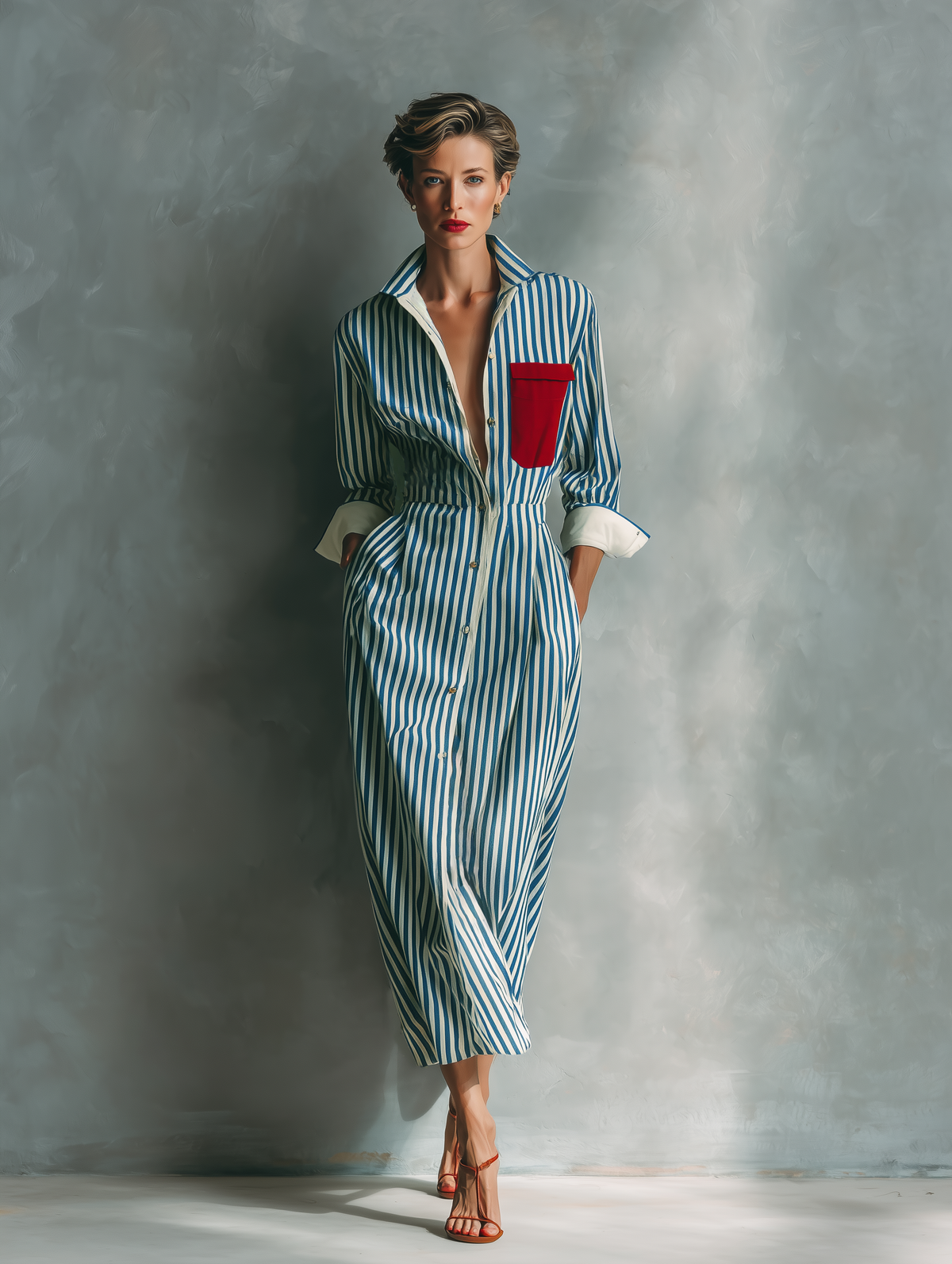 Vestido camisa a rayas azul y blanco de mezcla de algodón con bolsillo rojo en el pecho
