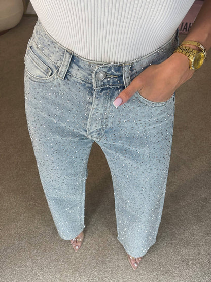 Jeans de pierna recta de talle alto con diamanté
