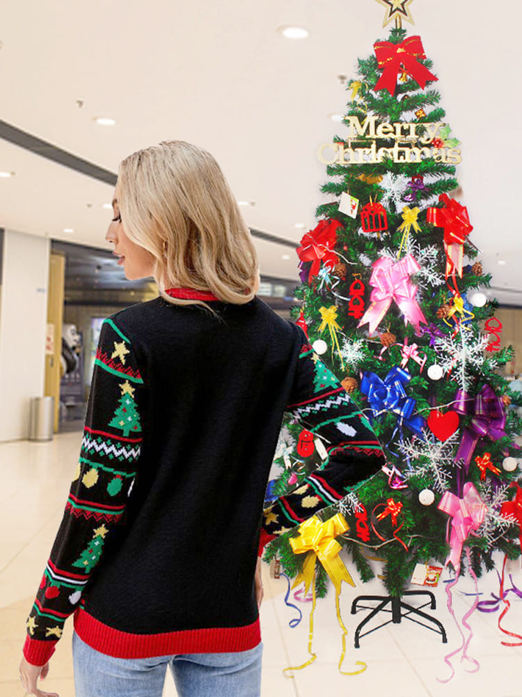 Suéter de punto con lentejuelas y bordado navideño holgado con cuello redondo