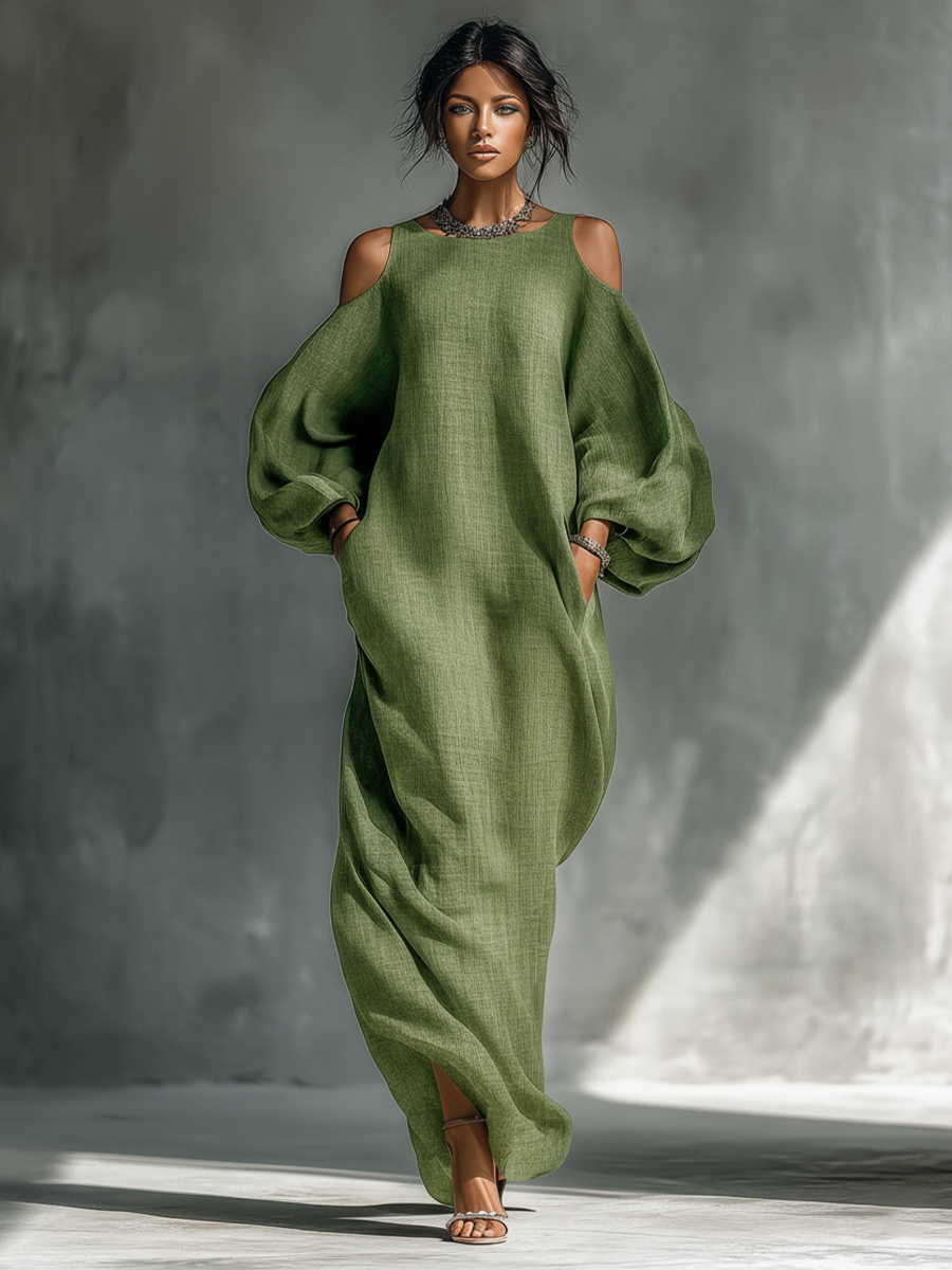 Vestido maxi con hombros descubiertos, mangas abullonadas extragrandes y bolsillos laterales