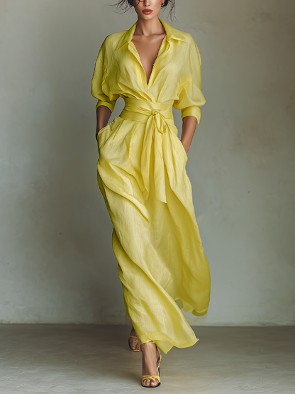Vestido camisa maxi de mezcla de algodón y lino en amarillo limón