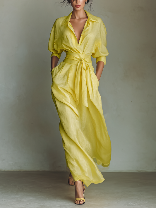 Vestido camisa maxi de mezcla de algodón y lino en amarillo limón