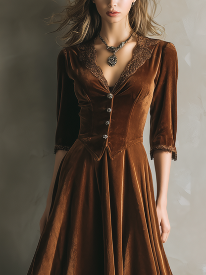 Vestido midi vintage de terciopelo con encaje y mangas tres cuartos