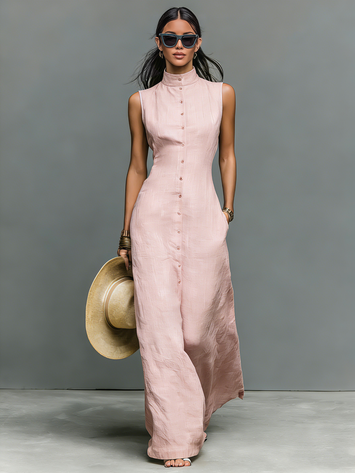 Vestido largo de lino con cuello mao