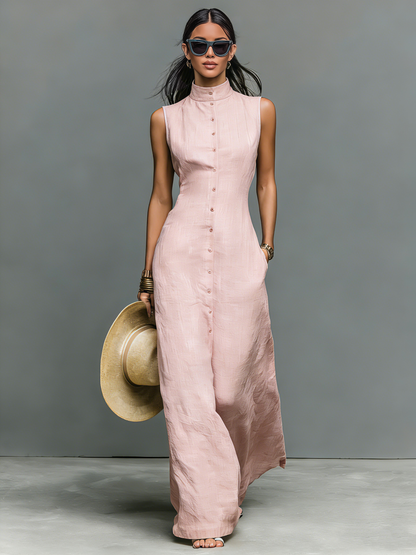 Vestido largo de lino con cuello mao