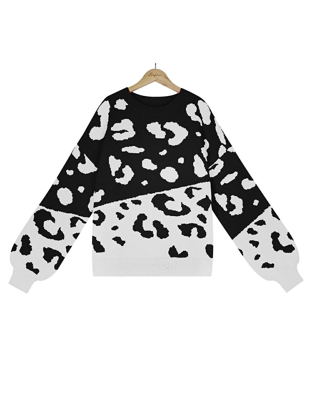 Suéter de punto con cuello redondo y estampado de leopardo elegante