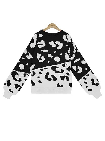 Suéter de punto con cuello redondo y estampado de leopardo elegante