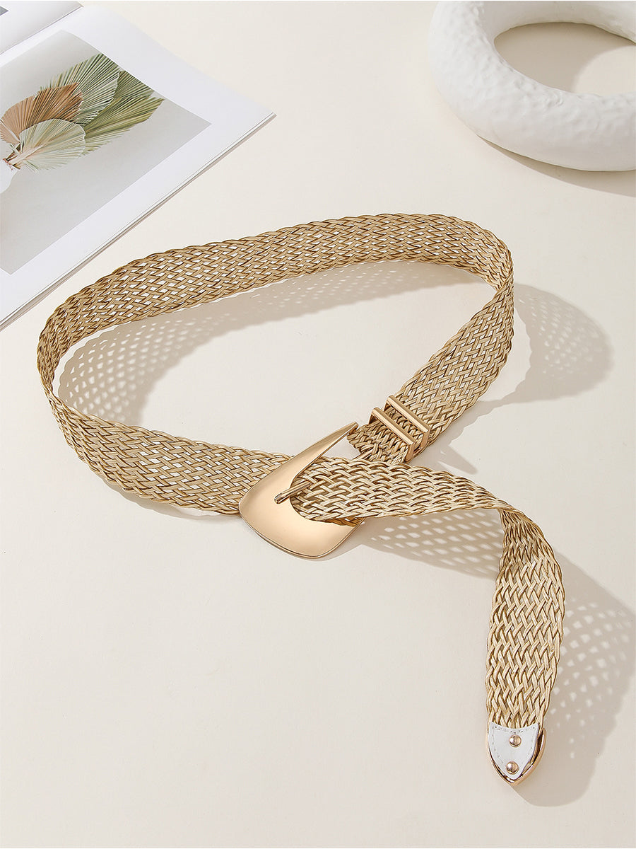 Cinturón de imitación de metal trenzado de algodón y lino chic dorado para mujer