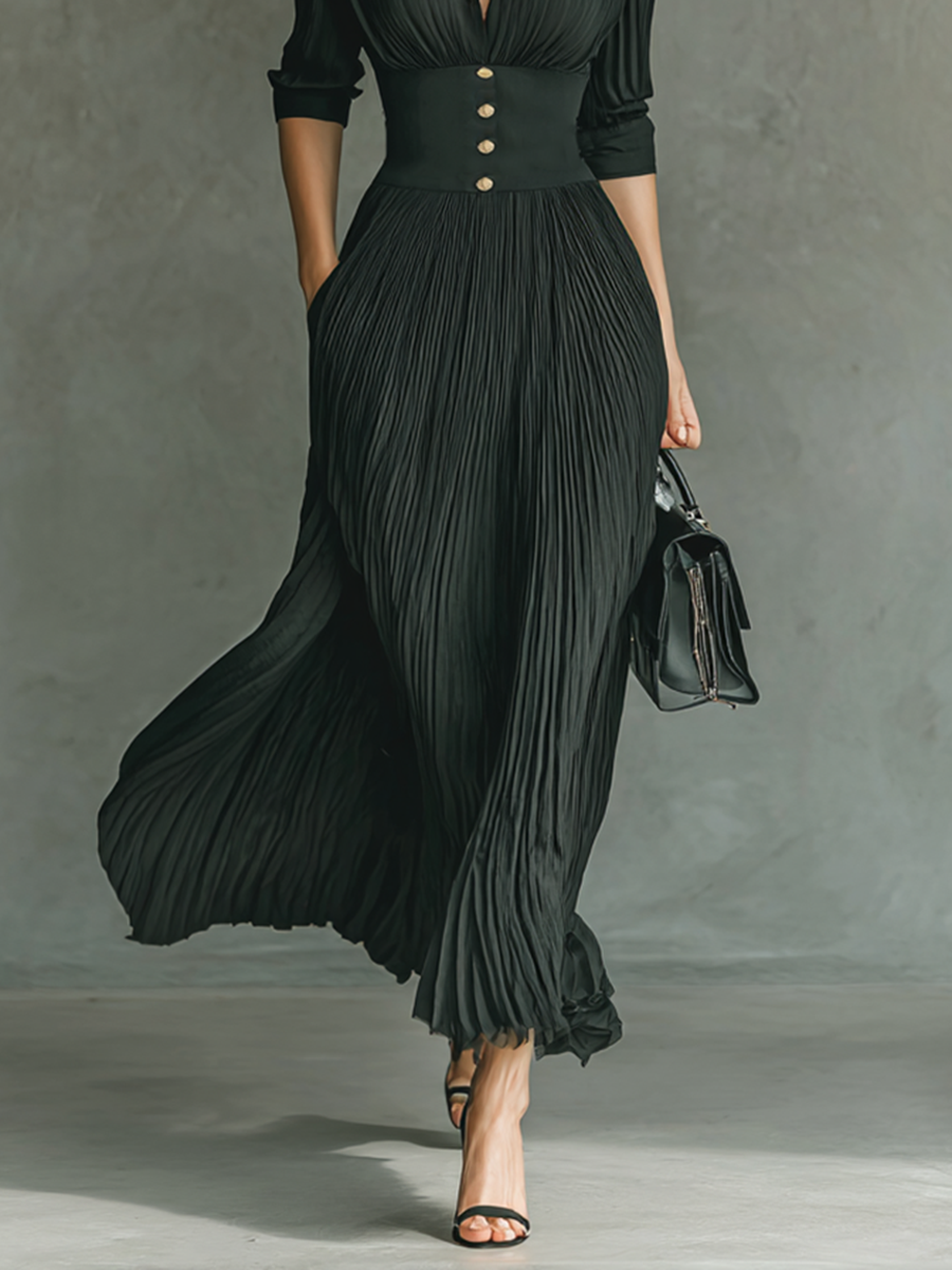 Vestido maxi de manga larga con cintura, solapa plisada y color sólido