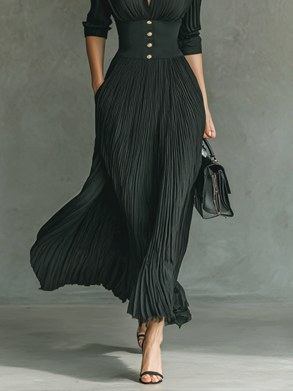 Vestido maxi de manga larga con cintura, solapa plisada y color sólido