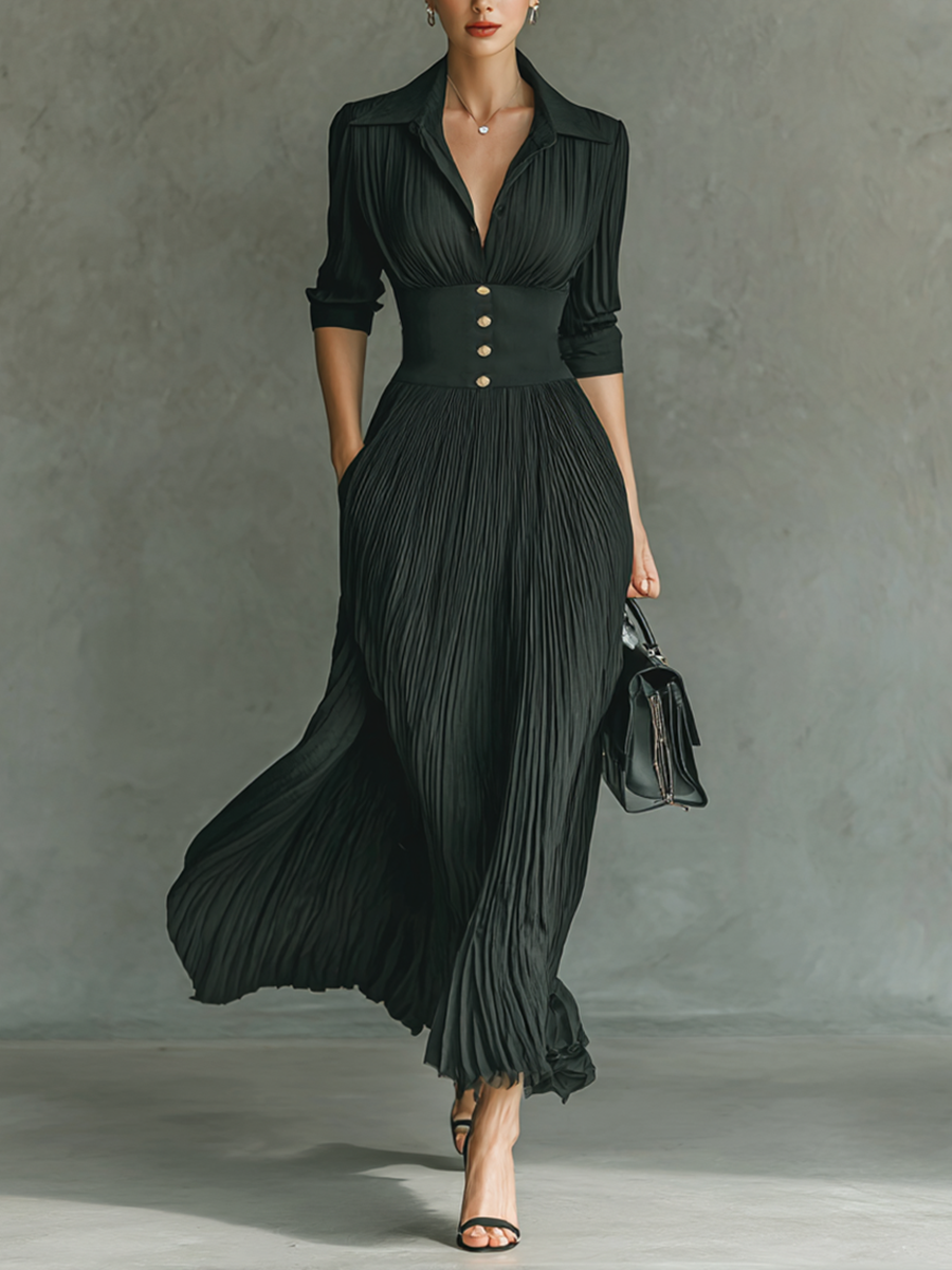 Vestido maxi de manga larga con cintura, solapa plisada y color sólido