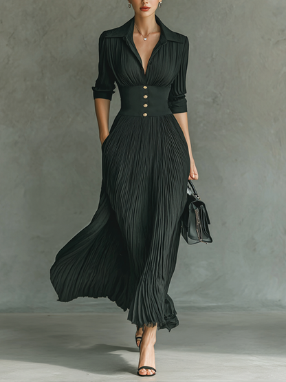 Vestido maxi de manga larga con cintura, solapa plisada y color sólido