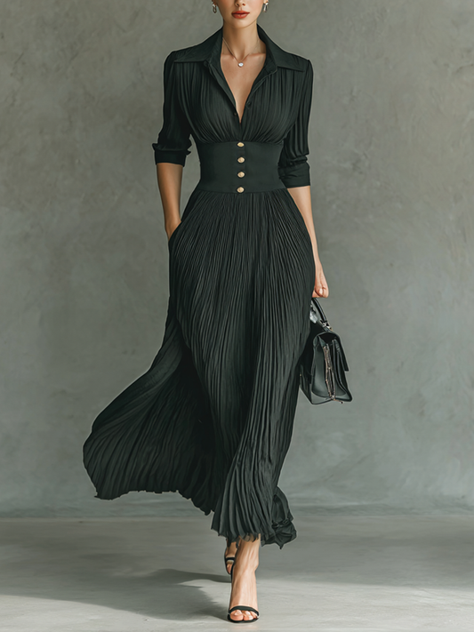 Vestido maxi de manga larga con cintura, solapa plisada y color sólido
