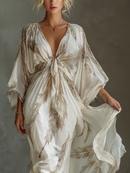 Vestido maxi de gasa con estampado de hojas de palma y nudo frontal con mangas dolman