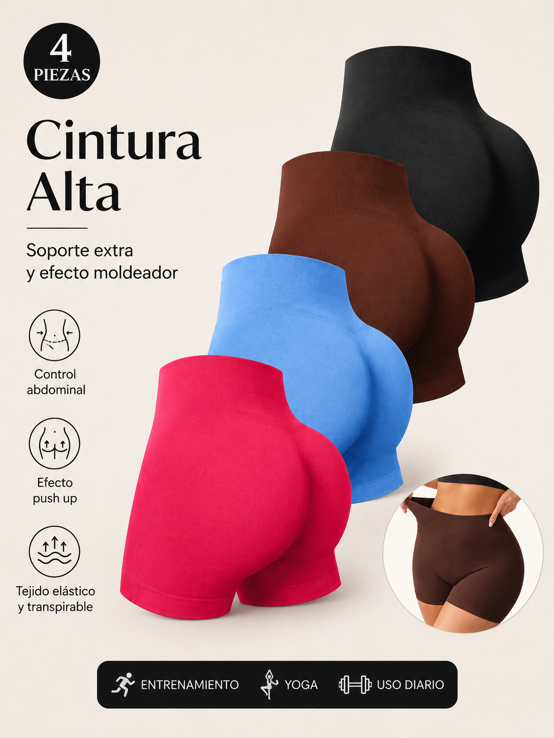 Pack de 4 Mallas Deportivas Push Up de Cintura Alta para Mujer