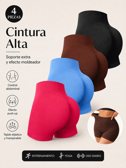 Pack de 4 Mallas Deportivas Push Up de Cintura Alta para Mujer