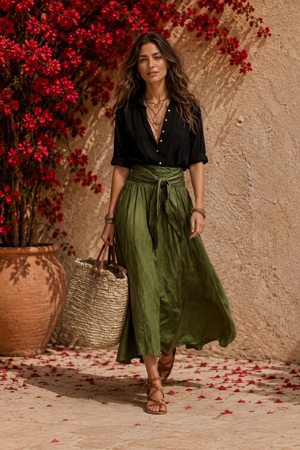 Conjunto Elegante de Dos Piezas con Blusa Negra y Falda Midi