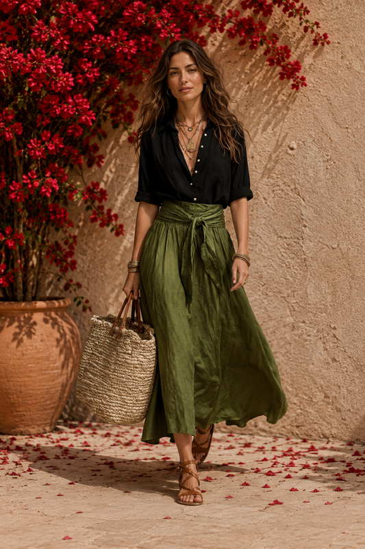Conjunto Elegante de Dos Piezas con Blusa Negra y Falda Midi