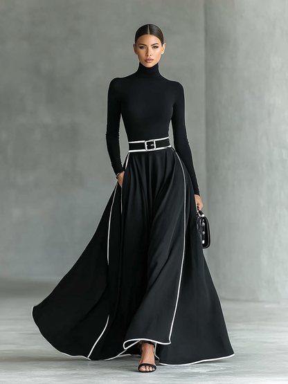 Vestido largo ajustado para mujer con cuello alto, mangas largas, costuras negras y ribete blanco con cinturón