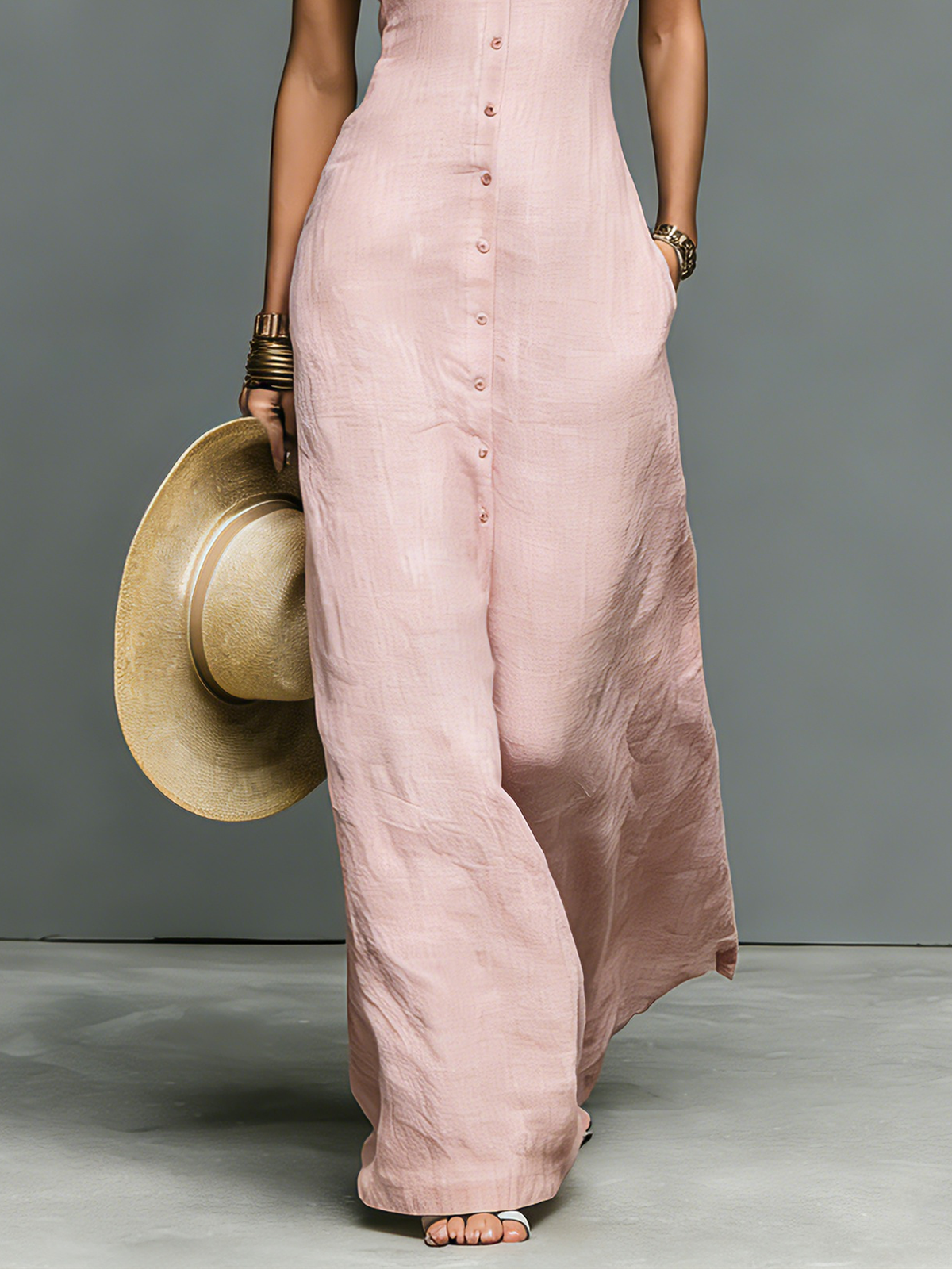 Vestido largo de lino con cuello mao
