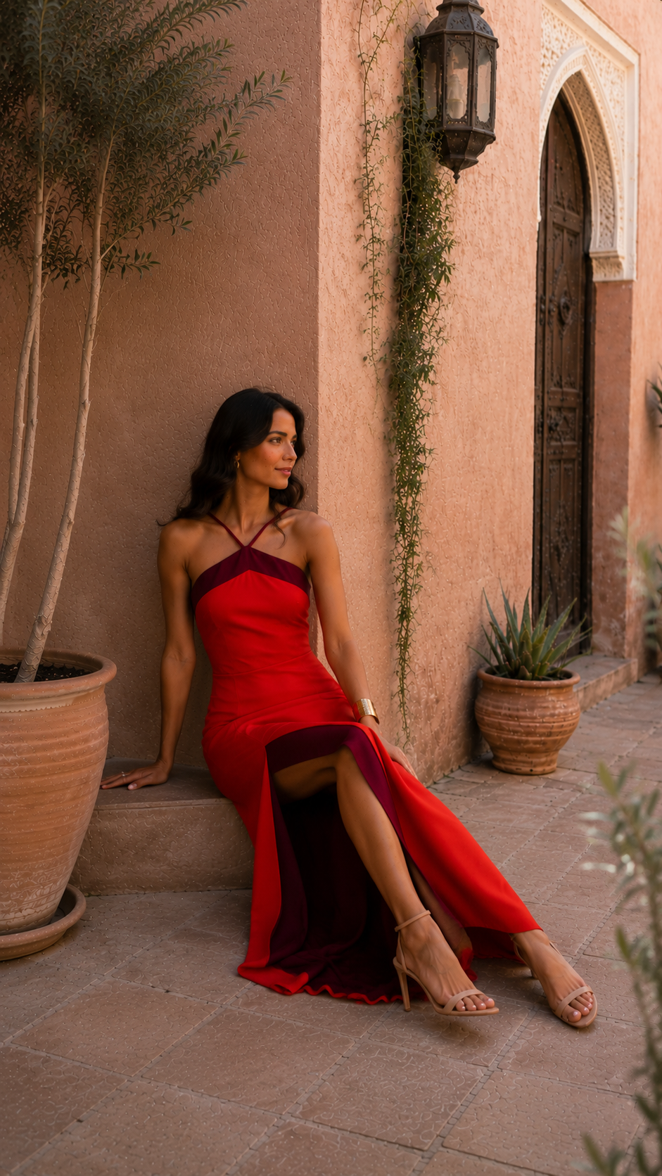 Vestido largo halter con abertura elegante