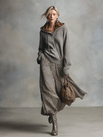 Falda línea A elegante y versátil con estampado de leopardo gris