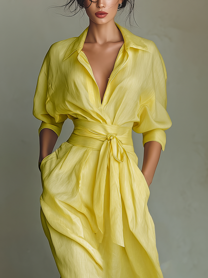 Vestido camisa maxi de mezcla de algodón y lino en amarillo limón