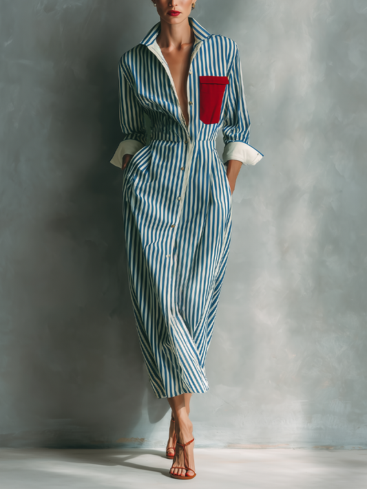 Vestido camisa a rayas azul y blanco de mezcla de algodón con bolsillo rojo en el pecho